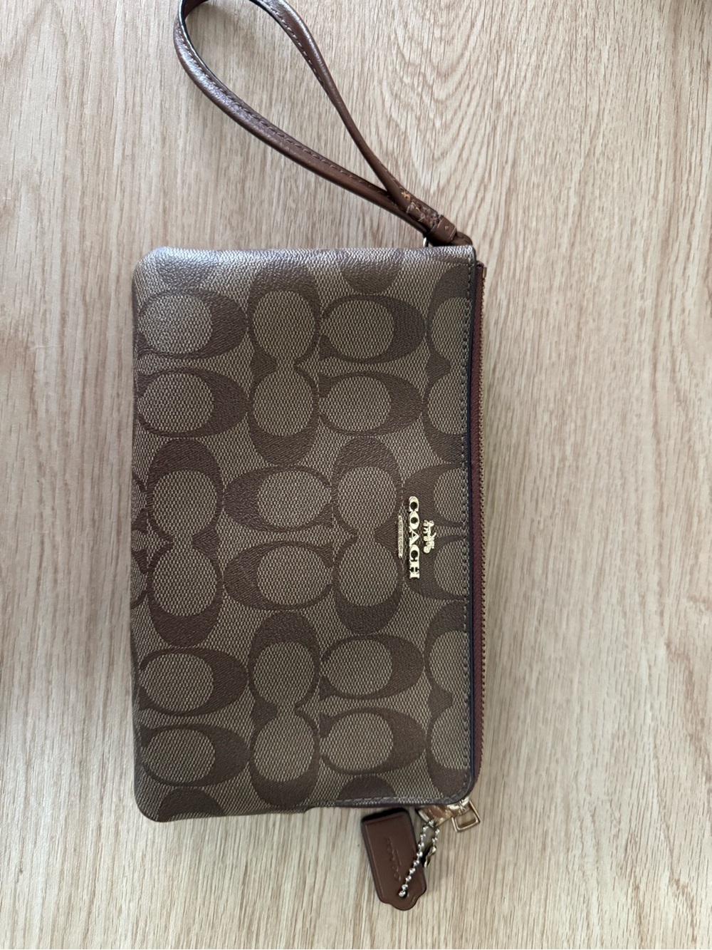 Coach Signature C Double Zip Wristlet Brown Tan Gold